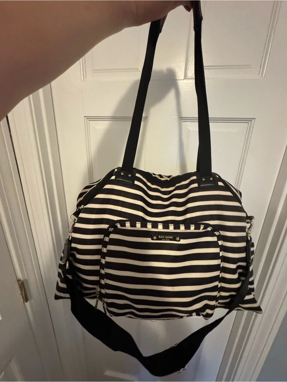 kate spade Watson Lane Lyla Black & White Stripes Nylon Packable Weekender Bag